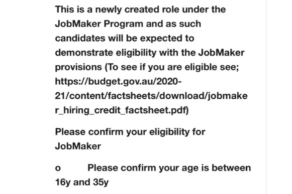 A screenshot of a job advertisement that specifies people must be between16 and 35 years old.