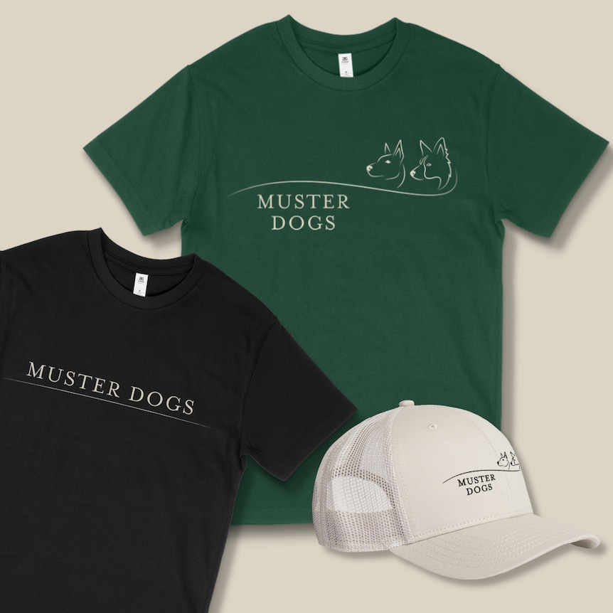 Muster Dogs green tee, black tee and white cap