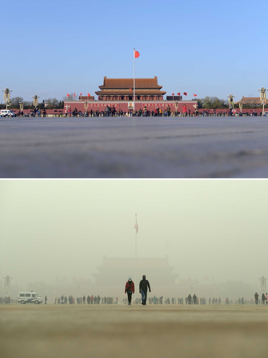 Combo photo shows the difference between a clear day and a polluted day.