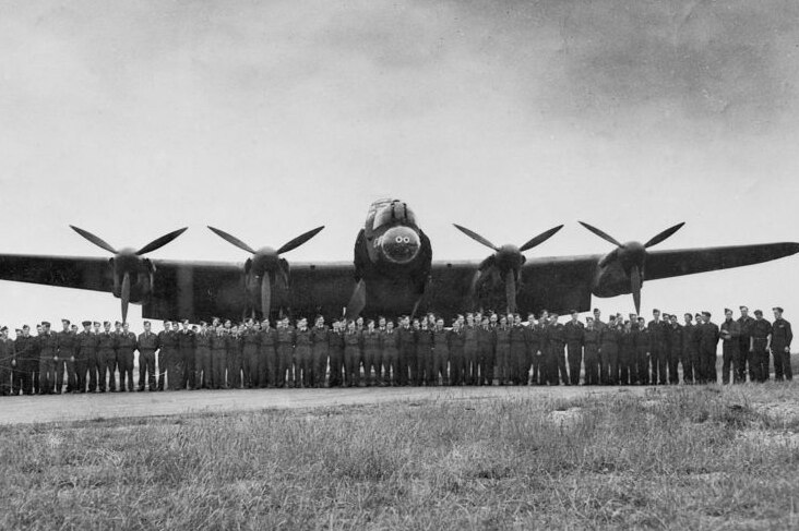 Australian air crew and ground staff with a Lancaster Heavy Bomber at RAF station Binbook in 1944.