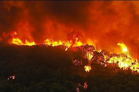 Flames from a huge bush fire tower over the blackened landscape turning the sky red.