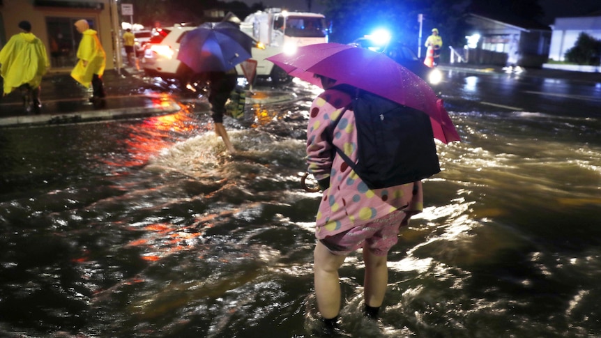 Woman holding pink unbrella, back to camera, wades through flood waters at night. People in flurescent yellow in distance.