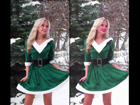 a composite image of blonde woman in a green elf outfit and an ai version of that woman