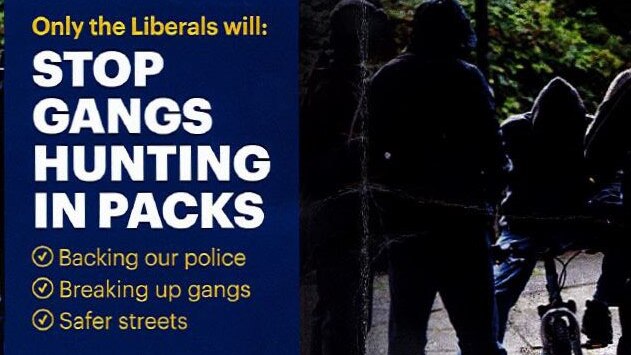 Two pages from a Liberal Party flyer which uses a photo of gang violence in England.