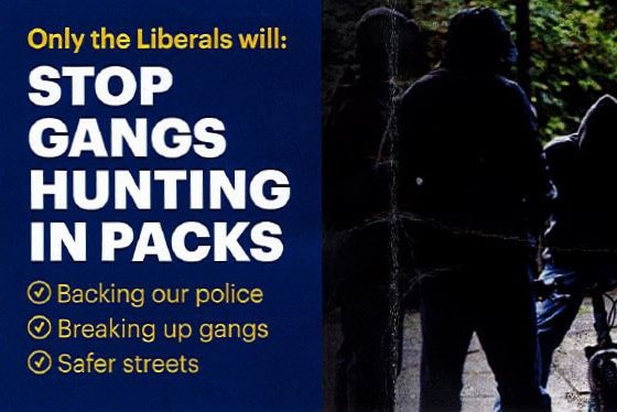 Two pages from a Liberal Party flyer which uses a photo of gang violence in England.