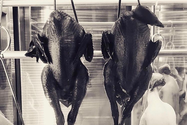 Two black skin chickens hang on hooks side by side.