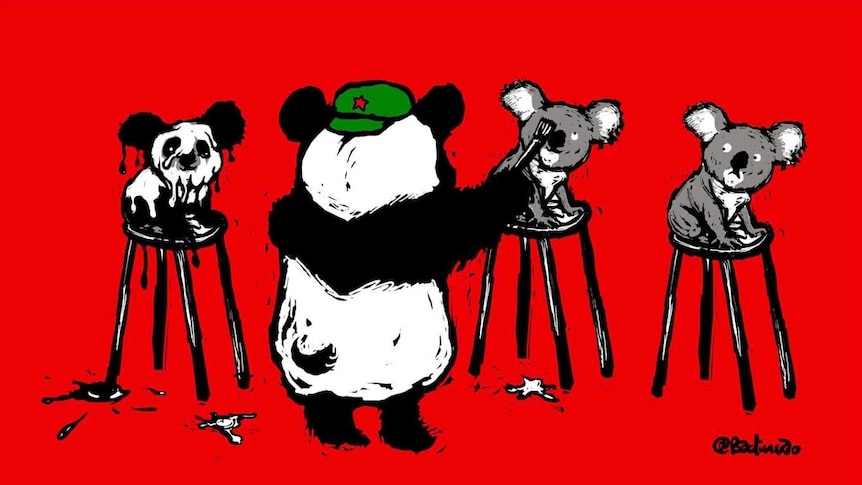 澳大利亚华人政治讽刺漫画家巴丢草创作的关于中国政府噤声澳大利亚学术界的漫画