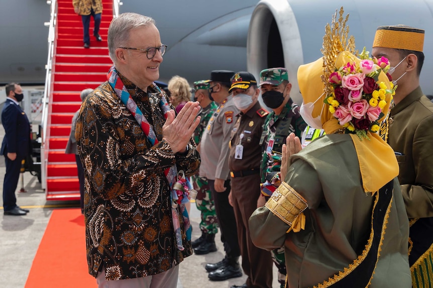 PM Anthony Albanese wearing Indonesian batik as he arrived in Makassar City on Tuesday, 7 June 2022.