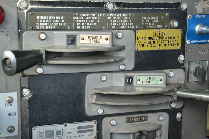 A panel of controls onboard Kevin Schultz's train.