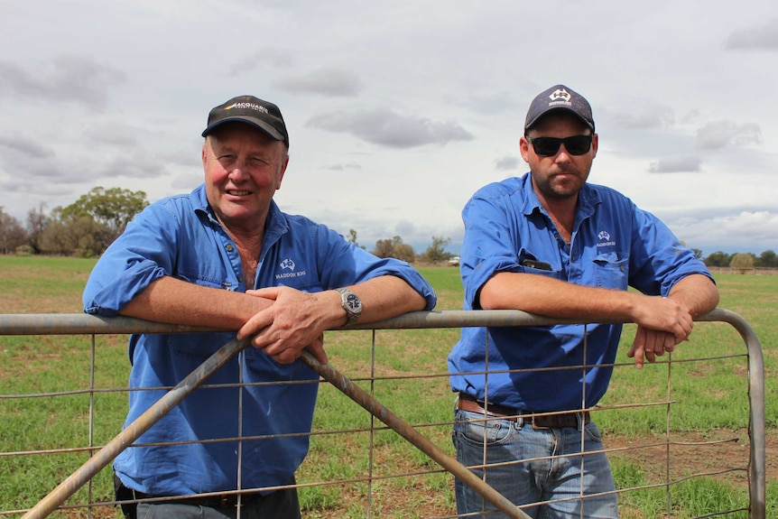 Two men lean on a fence looking at the camera with bright green grass behind them