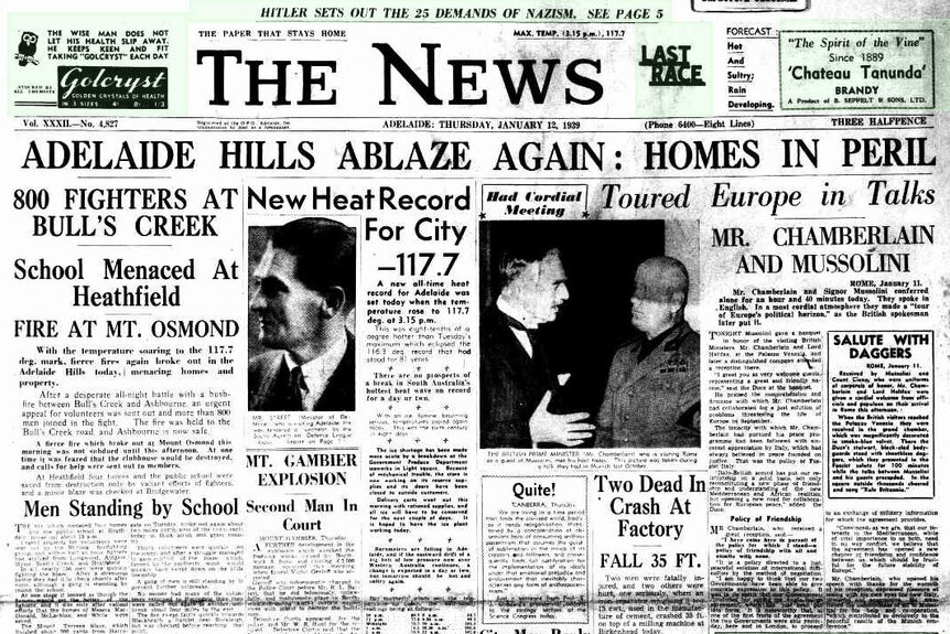 Front page of an old newspaper with the headline Adelaide Hills ablaze again