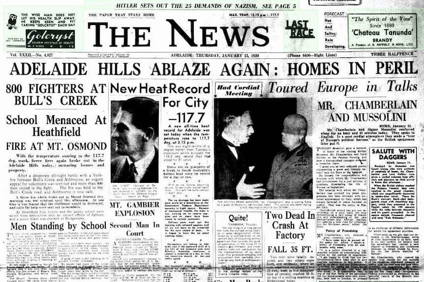 Front page of an old newspaper with the headline Adelaide Hills ablaze again
