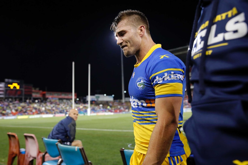 Kieran Foran of the Parramatta Eels leaves the field with an injury against Newcastle in May 2016.