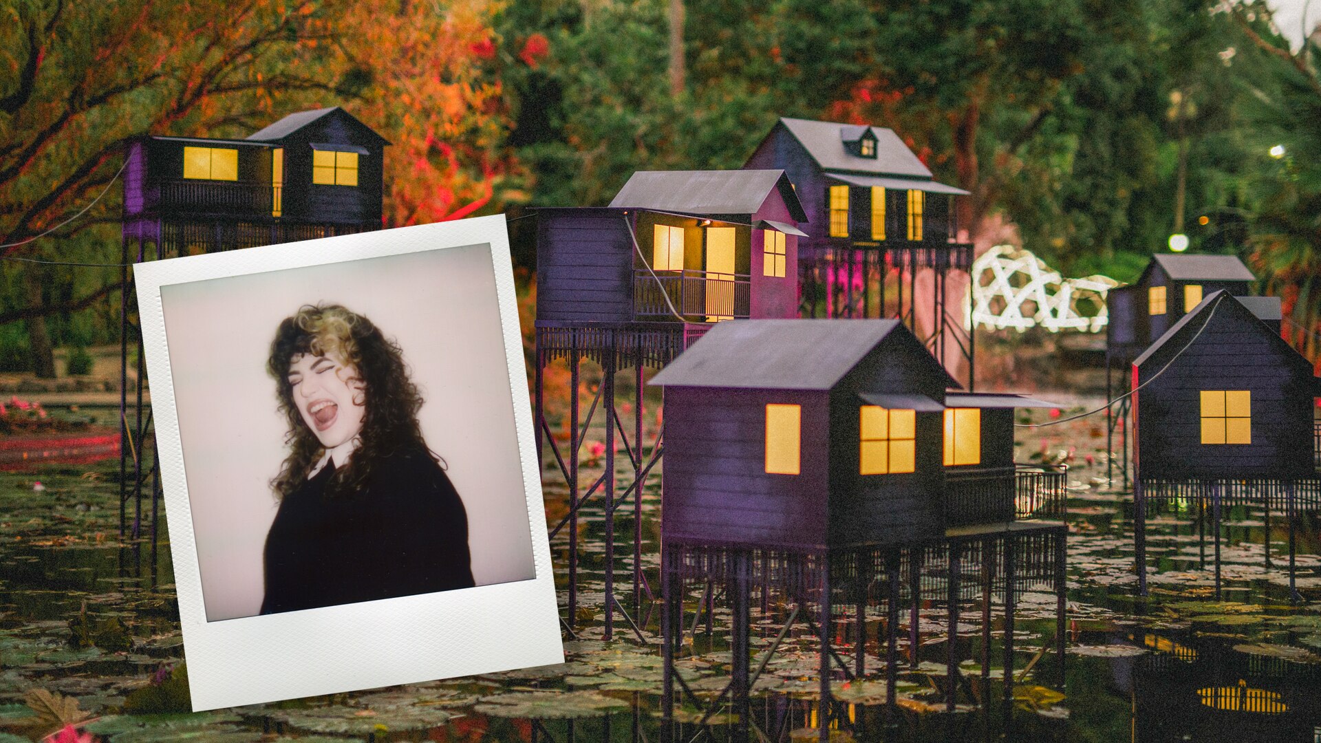 Phoebe is seen in a polaroid smiling with her tongue out, overlaid on top of an image of her Queenslander installation.