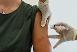 Picture of gloved hands pinching forearm of a person and injecting a needle into their skin.