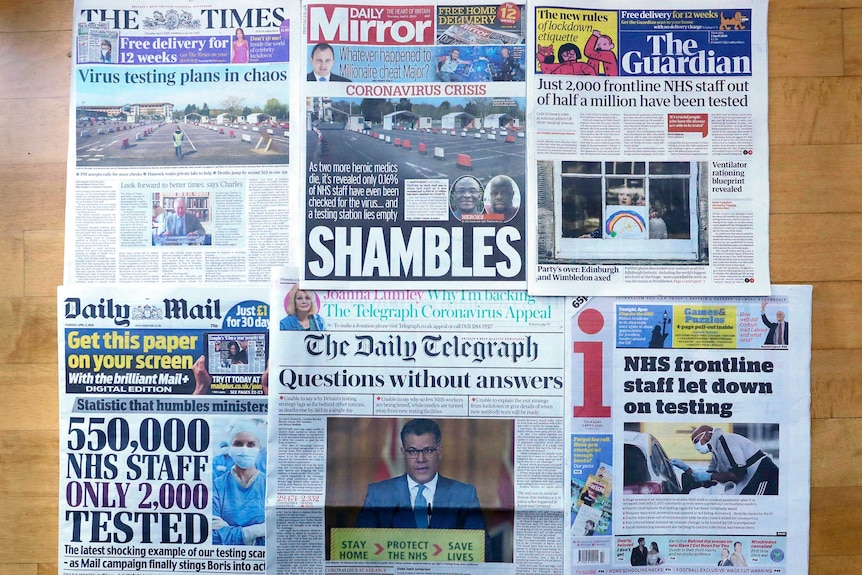 A view of the front pages of Britain's newspapers showing their coverage of the coronavirus.