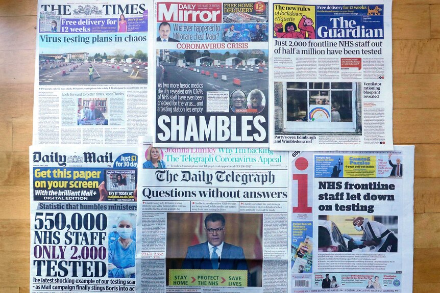 A view of the front pages of Britain's newspapers showing their coverage of the coronavirus.