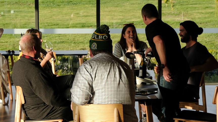 A group of people are sitting down in a restaurants drinking wine, with a view of the vineyard in the background.