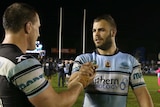 Cronulla and NSW captain Paul Gallen congratulates Wade Graham