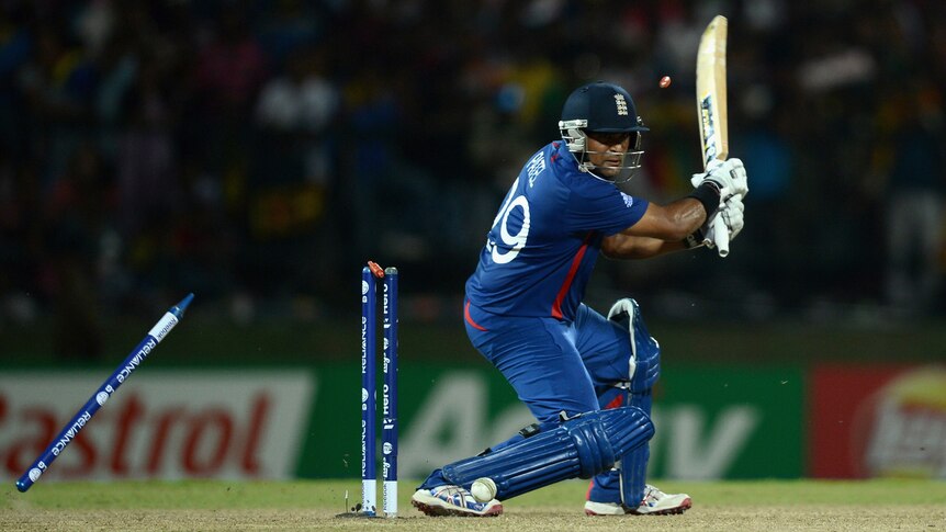 Uprooted: Lasith Malinga knocks out Samit Patel's off stump to eliminate England from the World Twenty20.