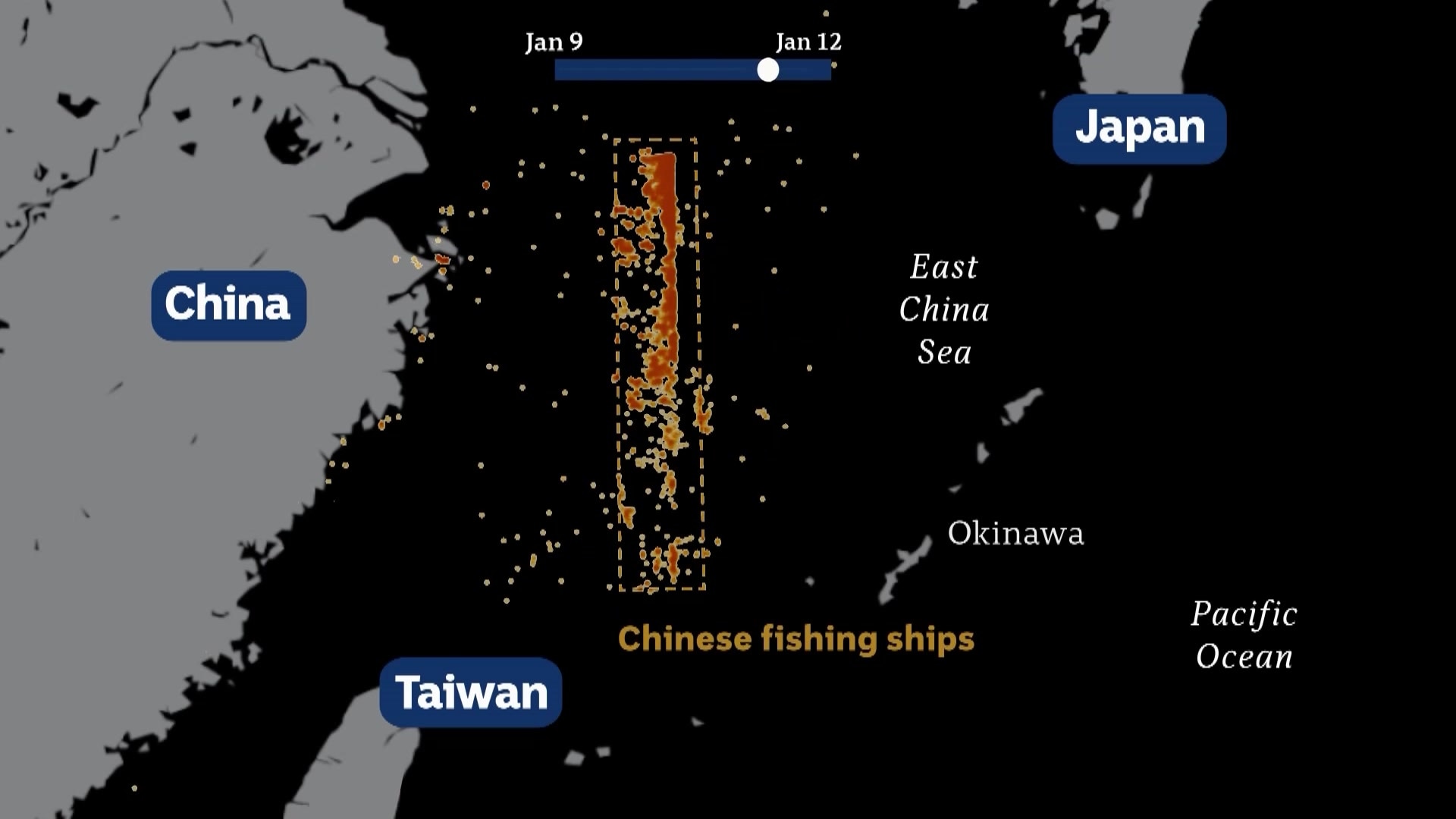 Satellite map shows a a dense snaking line in the East China Sea