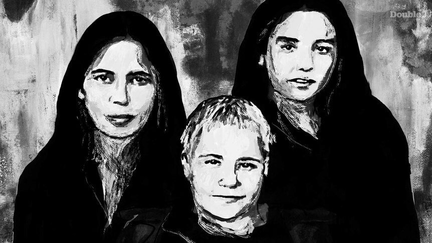 A black and white illustration of Sally Dastey, Amy Saunders and Lou Bennett from Australian folk trio Tiddas