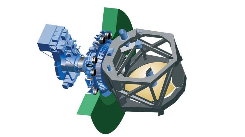 A diagram showing a curved telescope mirror enclosed in a cage structure.