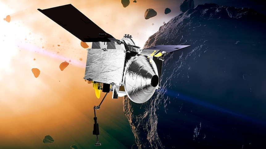An artist's concept of OSIRIS-REx at asteroid Bennu.
