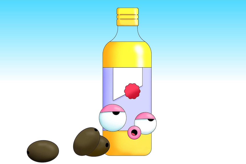 Illustration of a bottle of oil with a relaxed face and olives to depict pantry products you can clean the house with.