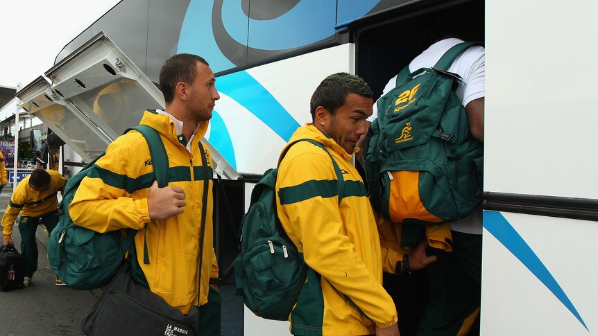 Back on board ... Digby Ioane (R) arrives with the Wallabies in Wellington (Cameron Spence: Getty Images)