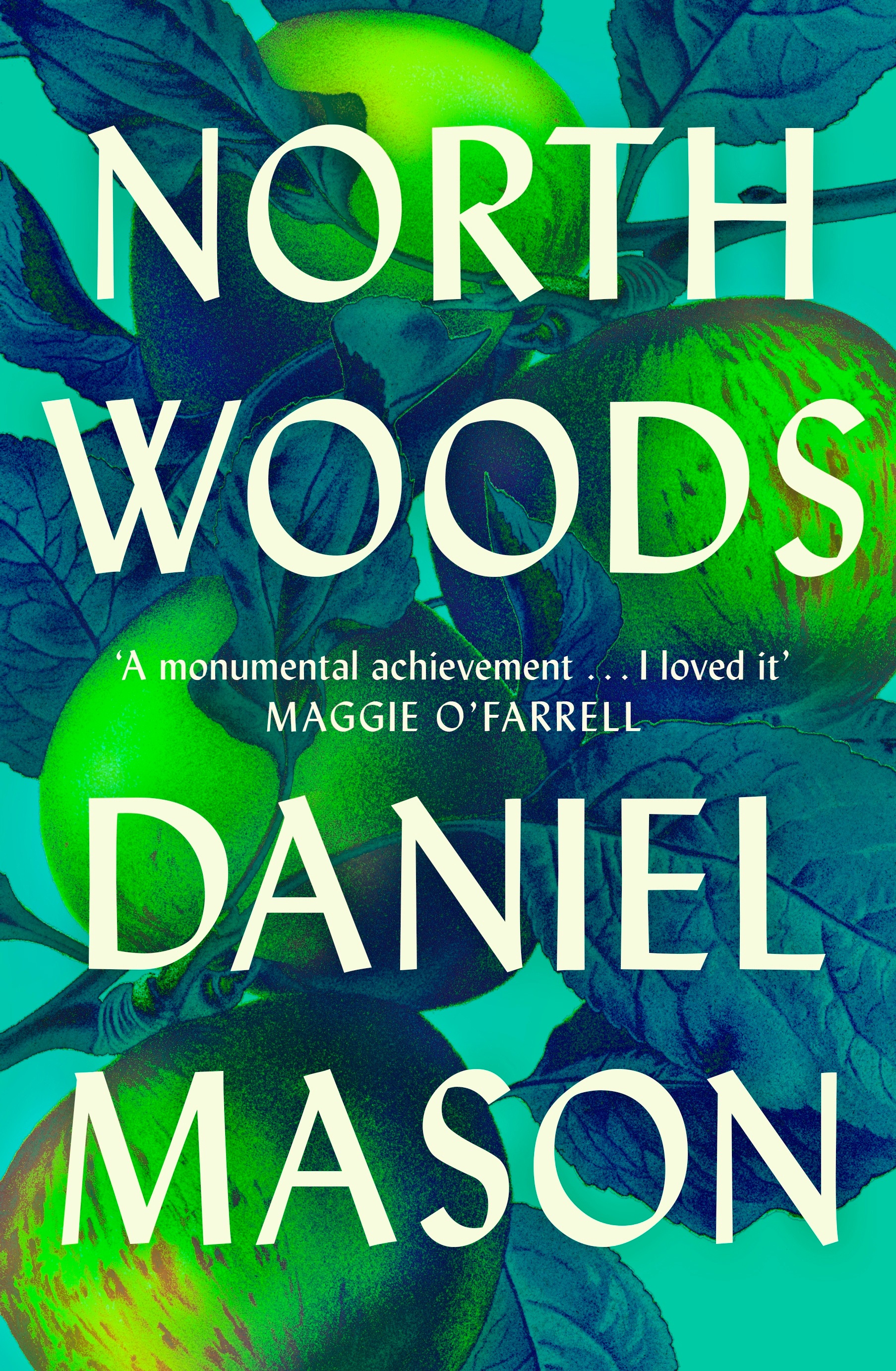 A book cover showing an illustration of four bright green apples, dark green leaves, a light blue background, white text on top
