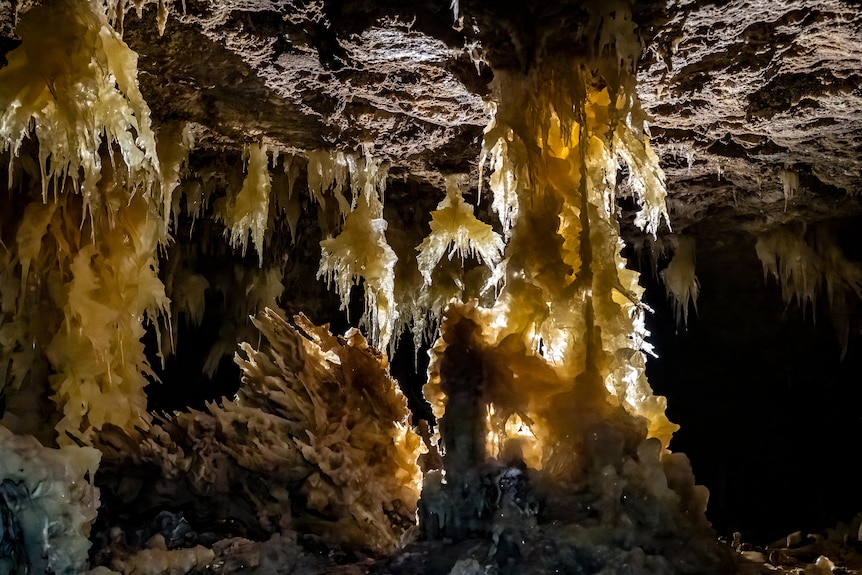 Stalactites hanging from the roof of a cave. 