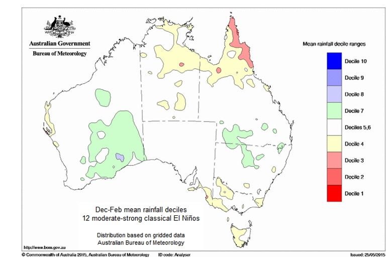 map of Australia with white on most of the east coast indicating no link between summer rain and El Nino