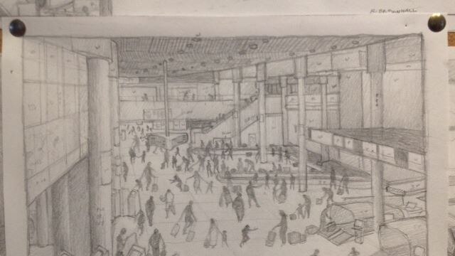 Robert Brownhall has begun sketching scenes from the Brisbane Airport as part of his six-month project.