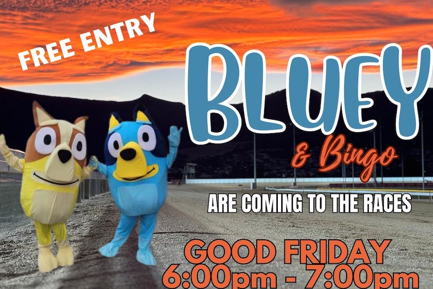 Bluey and Bingo characters promoting greyhound race event.
