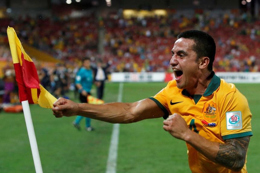 Tim Cahill punches the corner flag.