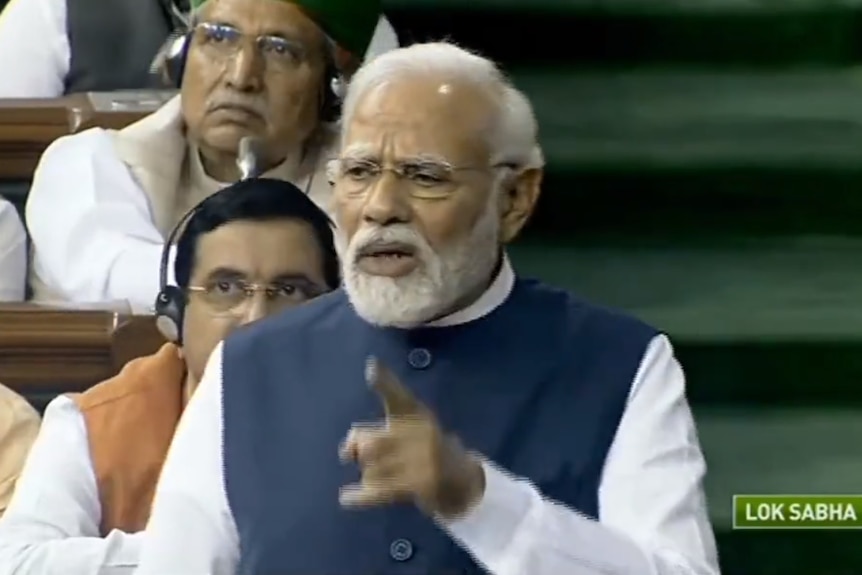 A screen grab from a video showing Narendra Modi speaking in parliament. 