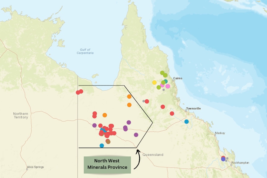 A map showing the North West Minerals Province in north-west Queensland.