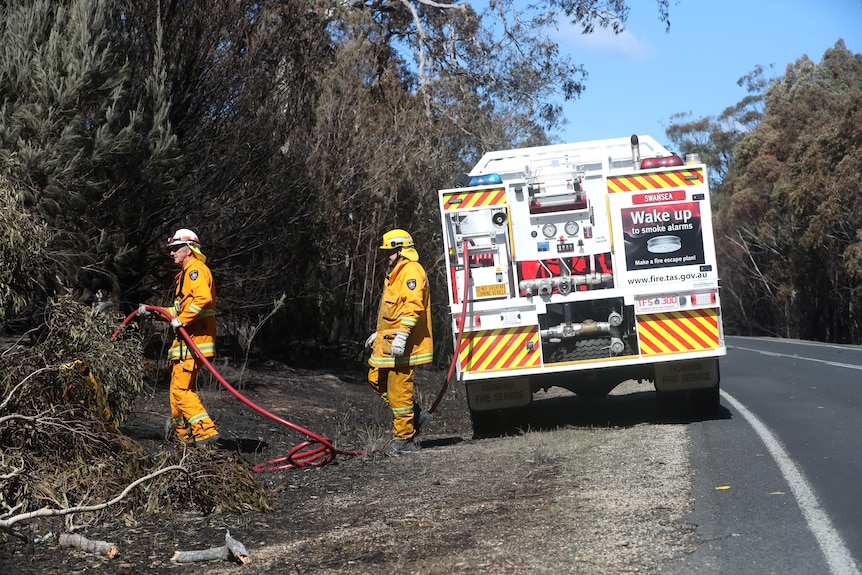 Fire crew working to extinguish bushfires along a bush road.