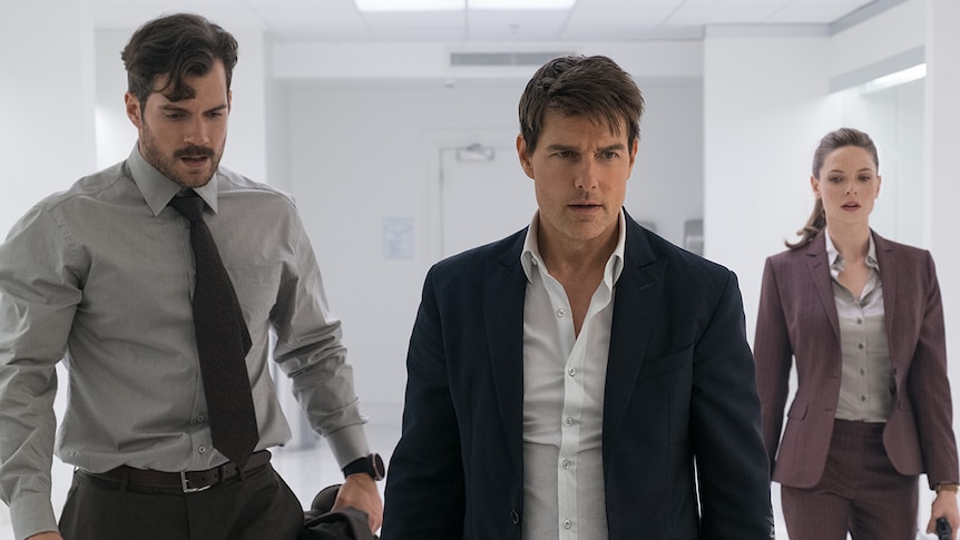 Colour still image of Henry Cavill, Tom Cruise and Rebecca Ferguson from 2018 film Mission Impossible: Fallout.