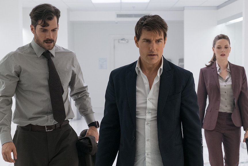 Colour still image of Henry Cavill, Tom Cruise and Rebecca Ferguson from 2018 film Mission Impossible: Fallout.