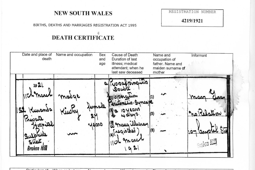 The death certificate of a woman called Madge Kewey.
