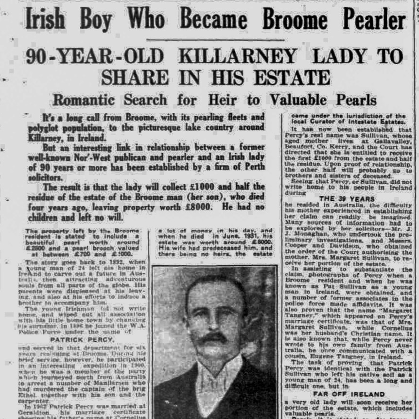 A newspaper clipping about Patrick Percy's mother being found in Ireland.