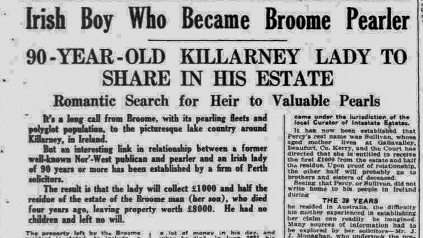 A newspaper clipping about Patrick Percy's mother being found in Ireland.