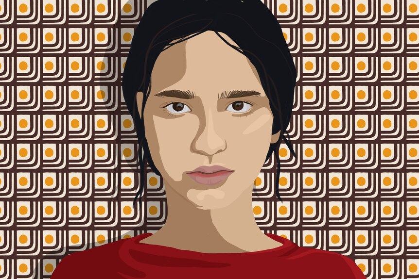 An illustration of an Iranian woman against a patterned backdrop. 