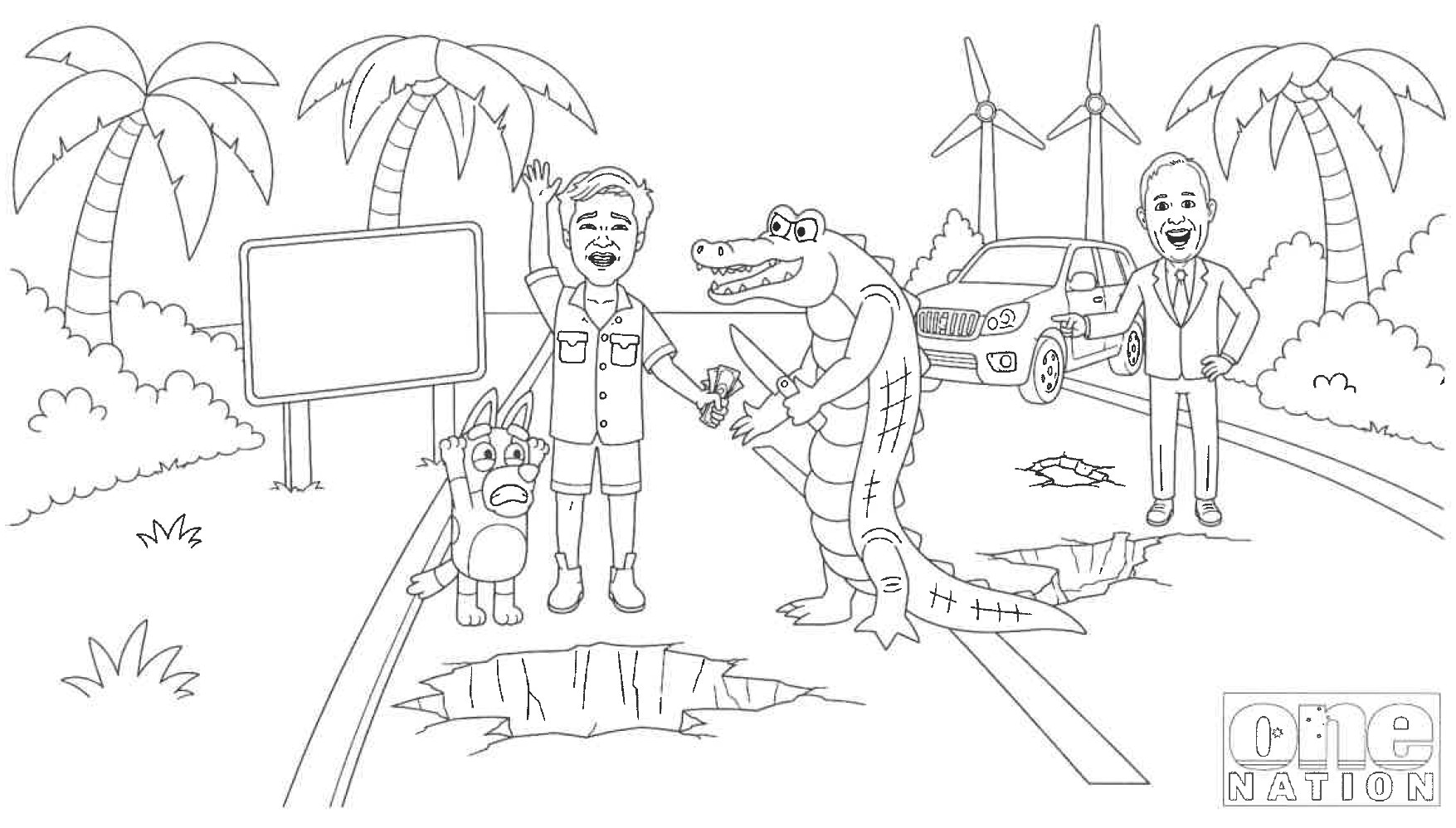 A drawing appearing to show a crocodile robbing Bluey and Robert Irwin at knifepoint.