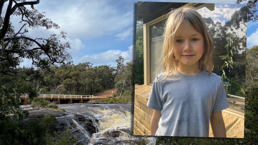An image of a young boy with long, fair hair inset over an image of a waterfall.