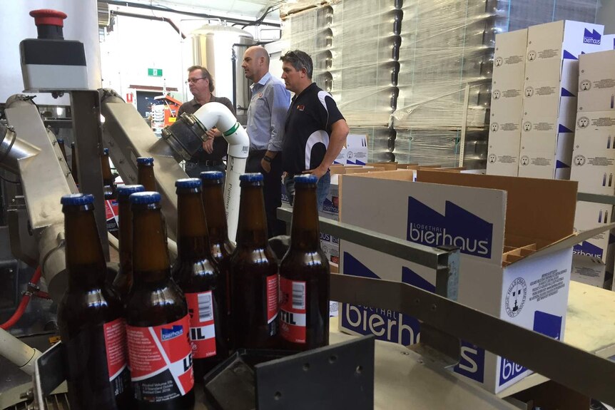 Hayden Battle, Ben Wigzell and Alistair Turnbull watch the first batch of lentil beer being bottled.