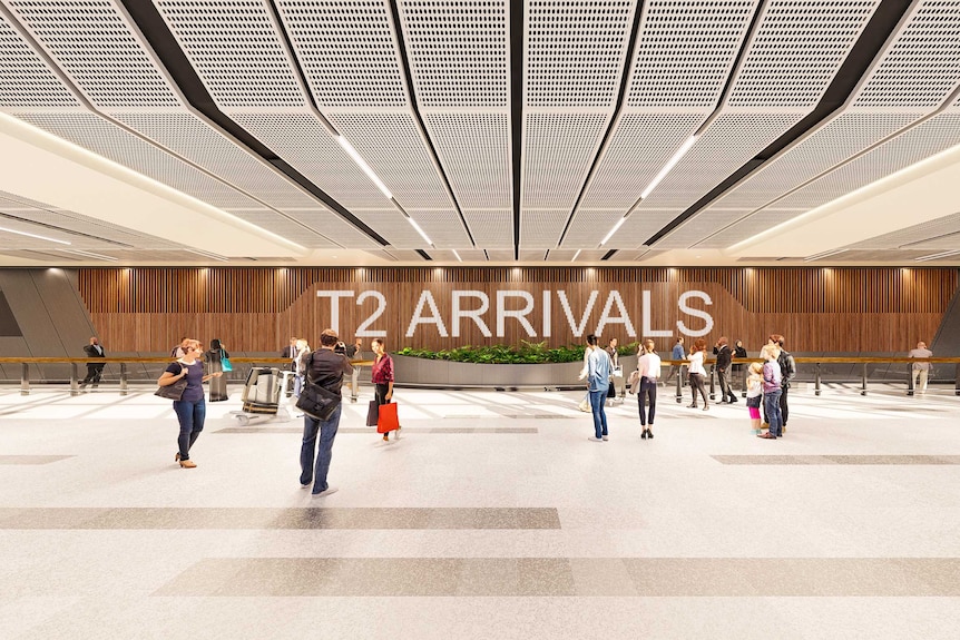 A drawing of people with bags at a proposed Terminal Two arrivals hall.