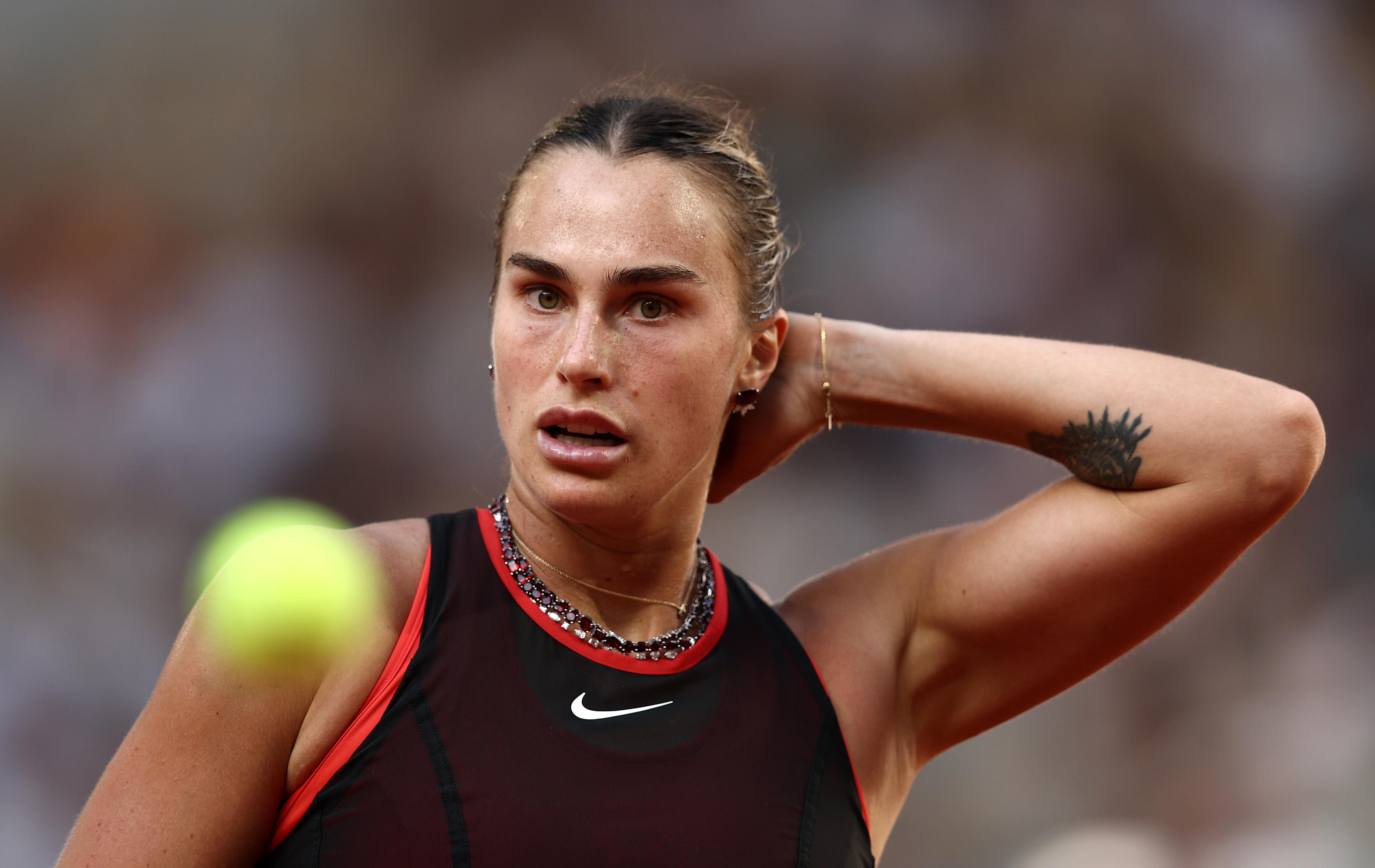 Aryna Sabalenka looks on during her French Open second-round match in 2026.